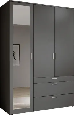 Produktbild von Drehtürenschrank >Vesala< 3 Türen, 3 Schübe, Graphit mit Spiegel - 135x195x56cm (BxHxT)