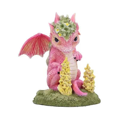 Rosafarbene Drachenfigur, die auf einem kleinen grünen Hügel sitzt. Drache hat kleine rosa Flügel.
