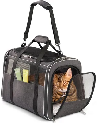 Produktbild von Knupis Katzentransportbox Klein bis 5kg – Soft Pet Carrier 300D Oxford Dunkelgrau – Schultergurt, Sicherheitsleine, Netzfenster – Tierarzt Auto Reisen