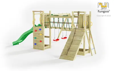Produktbild von Fungoo Spielturm "Maxi Funny" natur mit Doppelschaukel, Rutsche, Verbindungselement, Kletterwand und Rampe
