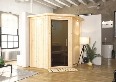 Produktbild von Elementsauna Karibu Maurin ohne Ofen mit Dachkranz und graphitfarbiger Ganzglastüre