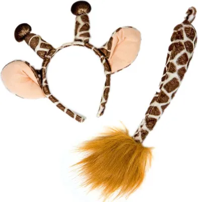 A giraffe costume set including a headband with ears and horns, and a tail with faux fur.