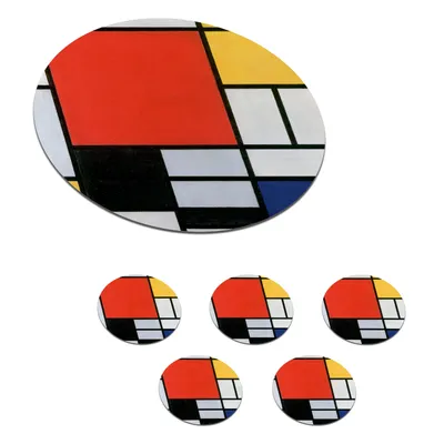 Obrázok produktu pre KitchenYeah® Podložky pod sklo Okrúhla sada 6 ks Umenie - Mondrian - Starí majstri - Kompozícia 2 10x10 cm Podložky pod poháre - Podložky pod nápoje - Chrániče na stôl - Podložky pod poháre Tisc