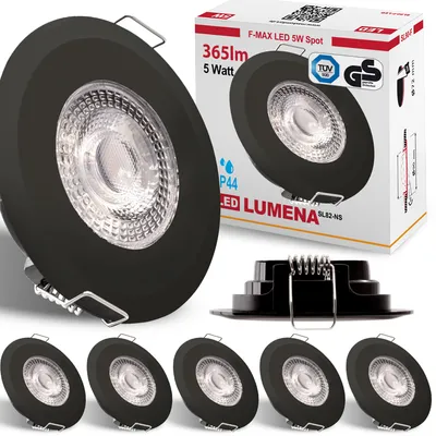 Produktbild von 6x LED Bad Einbaustrahler Ultraflach 5 Watt Schwarz 230V Rund warmweiß IP44 Deckenstrahler Spot Deckenspot Lumena SL82-NS