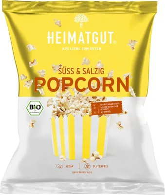 Produktbild von Heimatgut Popcorn Süß-Salzig, Schmetterlingsform, 90 g, 1 Stück(e), Gentechnisch veränderter Organismus (GMO), Palmöl, 0,7 g, 1890 kJ