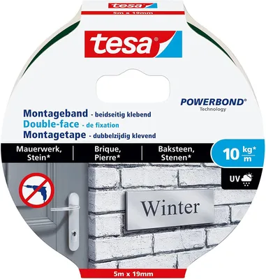 Produktbild von tesa Powerbond Montageband für Ziegel und Stein, 10 kg Haltekraft pro Meter - doppelseitiges Montageklebeband für Innen und Außen - 5 m x 19 mm