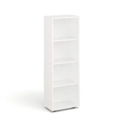 A white, four-shelf bookcase is shown against a white background.