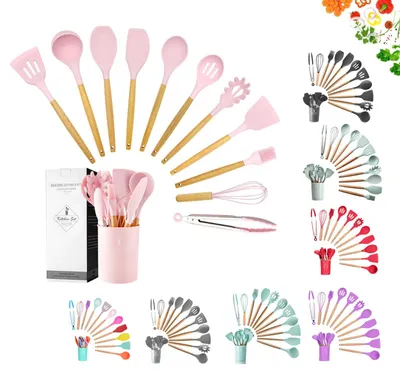 Produktbild von [12 tlg. Küchenhelfer Set in verschiedenen Farben] Silikon Kochbesteck Küchenutensilien mit Holzgriff Küchenzubehör, Farben:Rosa