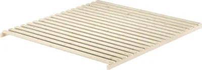 A wooden slatted bed base is shown from a diagonal angle against a white background.