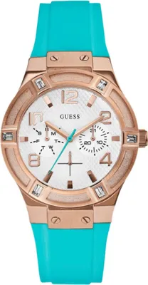 A close-up studio shot of a women's Guess watch with a turquoise band and rose gold casing.
