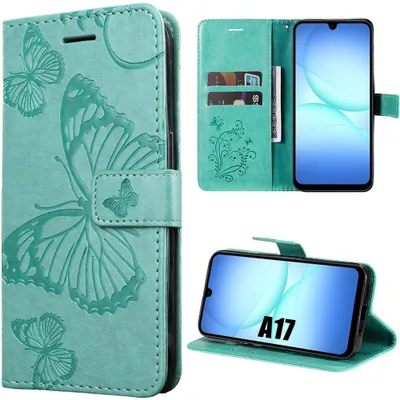 Image de Coque pour Samsung Galaxy A17 4G/5G, Protection Intégrale Antichoc Effet Cuir Motif Papillon Vert