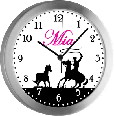 Produktbild von Kinderzimmer Funkwanduhr, Funkuhr Wanduhr Kinder, Pferd schwarz pink 25 cm