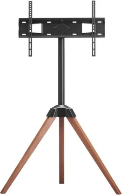 Immagine prodotto di Support TV a treppiede per televisori piatti e curvi, fino a 45 kg, con funzione di rotazione di 18°, tavolino portatile per TV con gambe in legno, ideale per camere da letto, soggiorni e studi