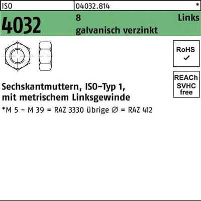 Produktbild von Sechskantmutter ISO 4032 links M 39 8 galvanisch verzinkt