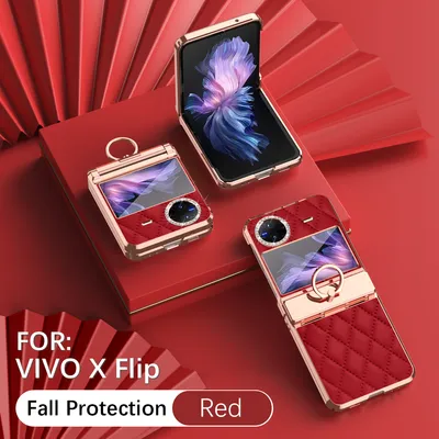 Obrázek produktu pro Kožené pouzdro na Vivo X Flip s držákem na prsten, blyštivé ochranné pouzdro s ochranou pantu červené