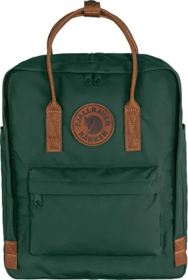 A green Fjällräven Kånken backpack with brown leather accents.