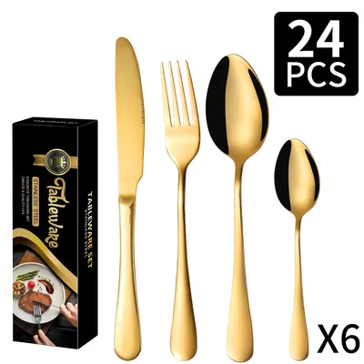 Imagen del producto de Juego de cubiertos de 24 piezas de acero inoxidable, que incluye cuchillos, tenedores y cucharas, con acabado dorado