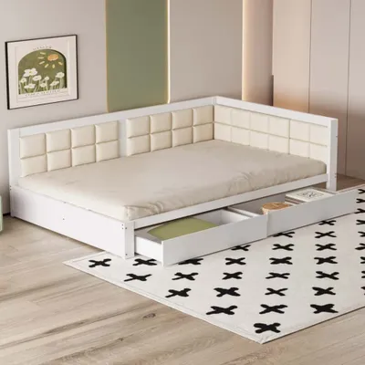 Obrázek produktu pro Rozkládací pohovka AIORBER, 140x200 cm, dvě velké zásuvky, lamelový rošt, kvalitní borovice, s úložnými zásuvkami, měkké opěradlo, bílá barva