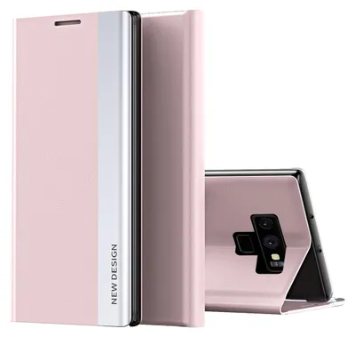 A pink flip case for a Samsung Galaxy Note 9 is shown, with the phone partially visible inside the case.