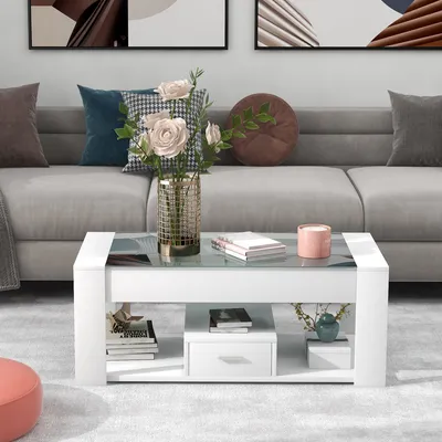 Zdjęcie produktu dla Stolik kawowy do salonu Sweiko ze szklanym blatem, schowkami i miejscem do przechowywania, biały 100 x 50 x 40 cm