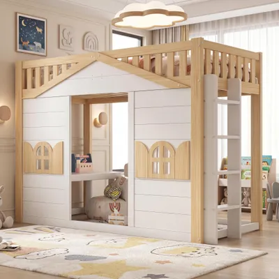 Produktbild von Flieks Etagenbett 90x200cm mit Leiter, Kinderbett Hausbett mit Fenster, Hochbett Holzbett mit Rausfallschutz und Lattenrost, Stockbett Naturbelassen