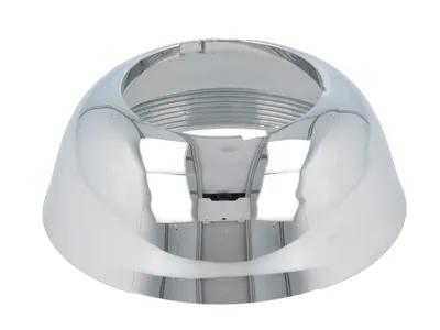 A chrome-plated cap for a mixer faucet, shown from a slightly elevated front-side angle against a white background.