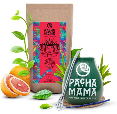 Produktbild von Pachamama - Guayusa Tee Set Energia Guarana 100g - Grüner Keramik Becher 350ml - Hoher Koffeingehalt - 100% Blätter Luftgetrocknet - Bombilla