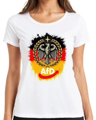 Zdjęcie produktu dla Koszulka damska, biała, rozmiar L, z motywem: "AfD Deutschland", "Patriot", "Bundesadler" (Niemiecki orzeł), napis "Schwarz" (czarny), z elementami sarkazmu