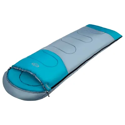 A sleeping bag laid out on a white background.