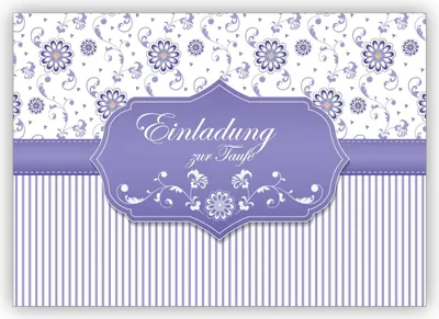 Produktbild von 4x Edle Einladungskarte zur Taufe eines Baby, Zwillingen oder Drillingen mit Blümchen und Streifen, lila: Einladung zur Taufe