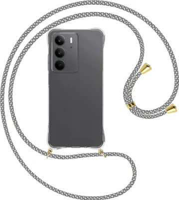 Produktbild von Handykette Backcover-Schutzhülle mit Band (Metall goldfarben) für Realme C75 4G - weiß/grau kariert