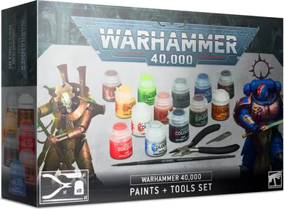 Produktbild von Games Workshop Warhammer 40.000: Farben + Werkzeugset, 12 ml, Schwarz, Blau, Messing, Braun, Fleisch, Gold, Rot, Silber, Weiß, Gelb, Topf