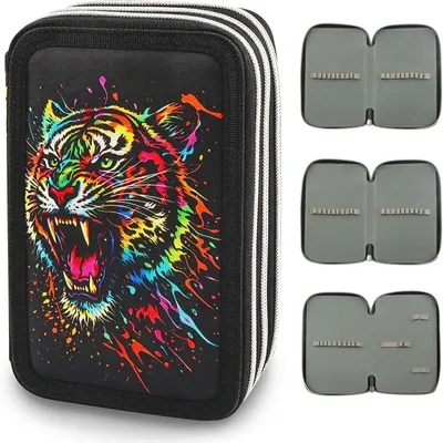 Produktbild von Federtasche 3 Fächer, 55 Steckplätze, Tigermotiv, schwarz, für Schule