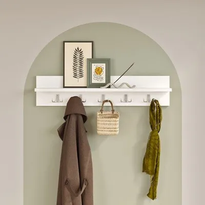 Immagine prodotto di Appendiabiti da parete con ripiano e 10 ganci, 80 cm, bianco