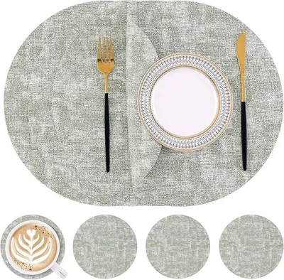 Productafbeelding van Tafelsets - Rond en dubbelzijdig afwasbaar - Onderzetters van kunstleer met placemats - Set van 4, groen