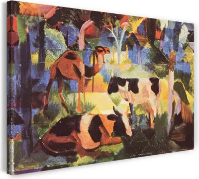 Produktbild von Leinwandbild (80x60cm): August Macke - Landschaft mit Kühen und Kamel, echter Holz-Keilrahmen inkl. Aufhänger, handgefertigt in Deutschland