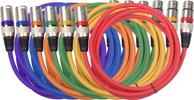 Zdjęcie produktu dla Zestaw 6 sztuk kabli XLR o długości 1,5 m. Kolorowe kable mikrofonowe. Kabel DMX do oświetlenia scenicznego. 3-pinowe złącze męskie do żeńskiego. Do miksowania dźwięku. Reflektor punktowy. Oświetlenie sceniczne. Mikser mikrofonowy.