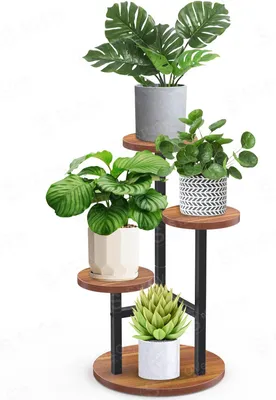 Image de Étagère à plantes à plusieurs niveaux - Étagère en bois et en métal - Support à fleurs à 3 niveaux - Pot à fleurs pour jardin/salon - Hauteur 120 cm