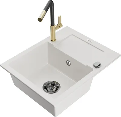 Produktbild von Mexen Enzo 1 Becken-Granitspüle mit Abtropffläche und Mischbatterie Flora, Weiß - 6506-20-670401-57-B