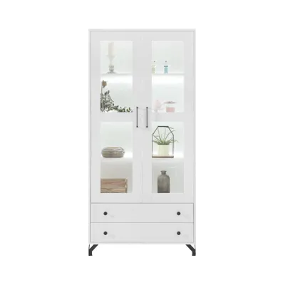 Produktbild von Vitrine BERGO Weiß mit 2 Türen und 2 Schubladen, Standvitrine mit Glastüren und LED-Beleuchtung, Moderner Stil
