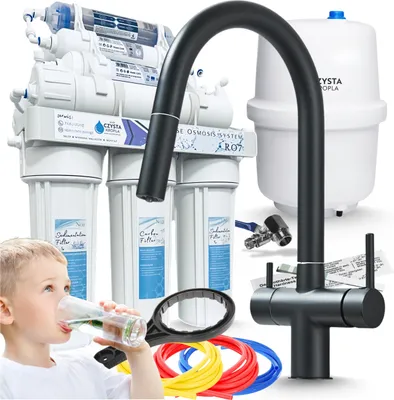 Produktbild von Wasserfilter RO7 75 GPD und 3-Wege Küchenarmatur Schwarz Matt