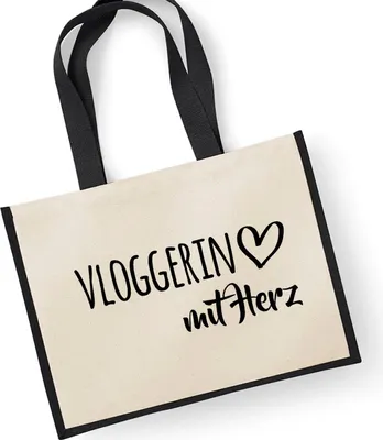 Produktbild von Huuraa Jutetasche Vloggerin mit Herz 21 Liter Black Jute und Baumwolle Einkaufstasche Geschenkidee