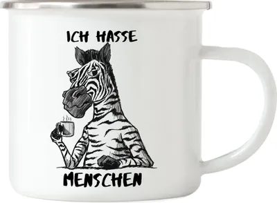 Produktbild von Ich Hasse Menschen Emaille Tasse Morgenmuffel Erstmal Kaffee Büro Kollegen Zebra Geschenk