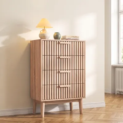 Produktbild von INONEFT Kommode 60 cm mit 4 Schubladen, Sideboard mit Stauraum, Holzgriffen, Massivholzrahmen für Wohnzimmer und Flure
