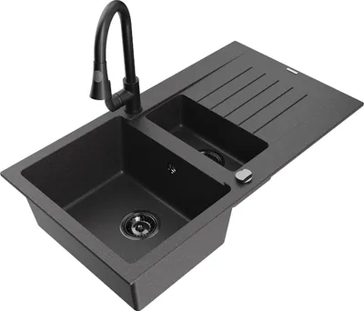 Produktbild von Mexen Matias 1,5-Becken-Granitspüle mit Abtropffläche und Mischbatterie Elia, Schwarz gesprenkelt - 6502-76-670101-70-B