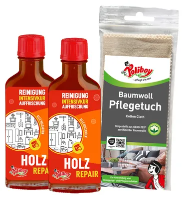 Produktbild von Poliboy Holz Repair - 2x100ml - aufpeppende Möbelpolitur für lackiertes Holz - Mittelbraun - mit Baumwolltuch - 99A2501