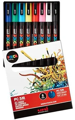 Produktbild von uni-ball POSCA (186508) PC3M Marker mit feiner Rundspitze, 8er Set, Grundfarben