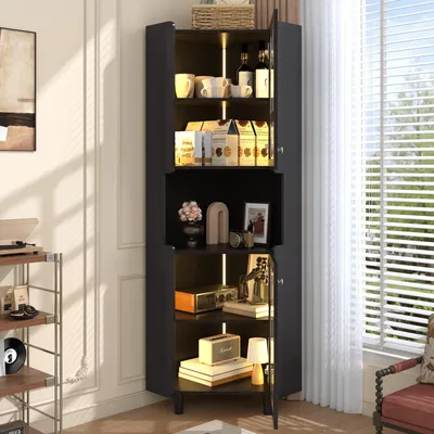 Image de OKWISH Armoire d'Angle - Meuble de Rangement avec Éclairage LED et Contrôle par Application - MDF Laqué - Noir
