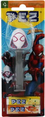 Produktbild von PEZ Figur Spiderman mit grauem Spender und zwei Päckchen Bonbons 17g