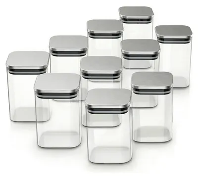 Immagine prodotto di Barattoli di vetro Arendo, set di contenitori in vetro 10x 1,65 L in vetro borosilicato con coperchio in acciaio inossidabile, angolari, ermetici, set da 10, resistenti al calore, ecologici, adatti al microonde
